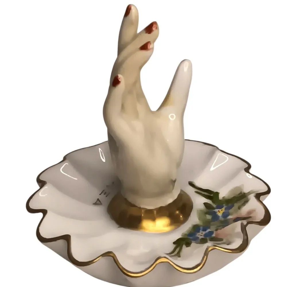 Vintage 1967 Miniature Porcelain Hand Painted Ring Holder Dish Blue Flowers 3.5